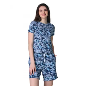 Women's Cotton Blended Printed Round Neck Half Sleeve Top - Shorts Set (White-Blue)
