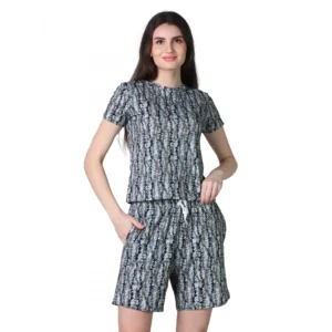 Women's Cotton Blended Printed Round Neck Half Sleeve Top - Shorts Set (Multicolor)