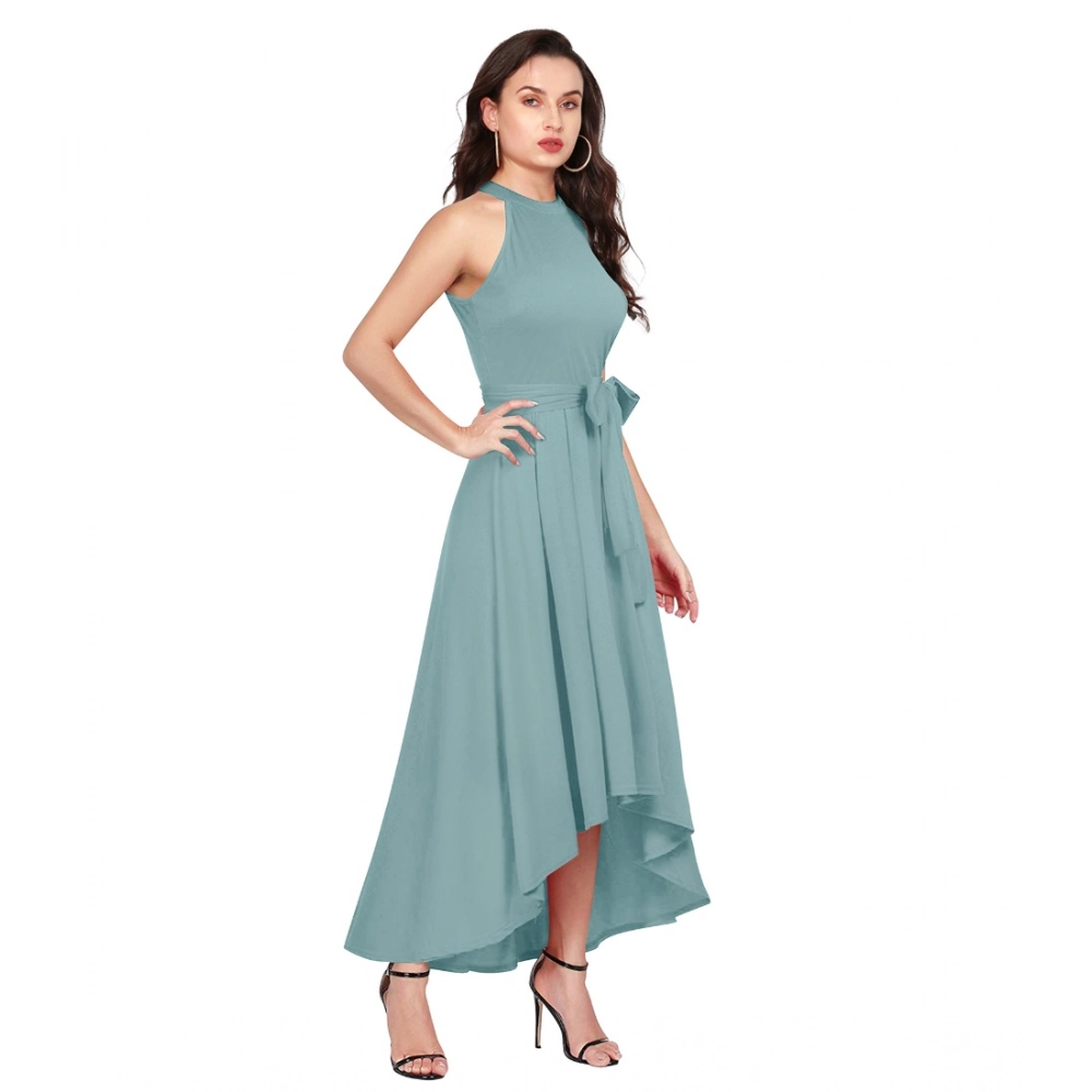 Women's Polyester Solid Halter Neck Sleeveless Dress (Pista) - Image 2