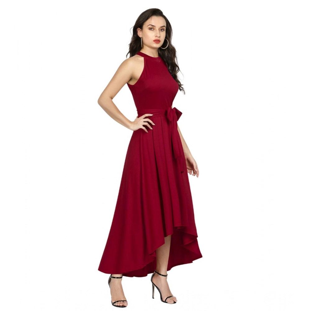 Women's Polyster Solid Halter Neck Sleeveless Dress (Maroon) - Image 2