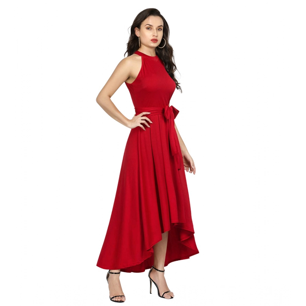 Women's Polyster Solid Halter Neck Sleeveless Dress (Red) - Image 2