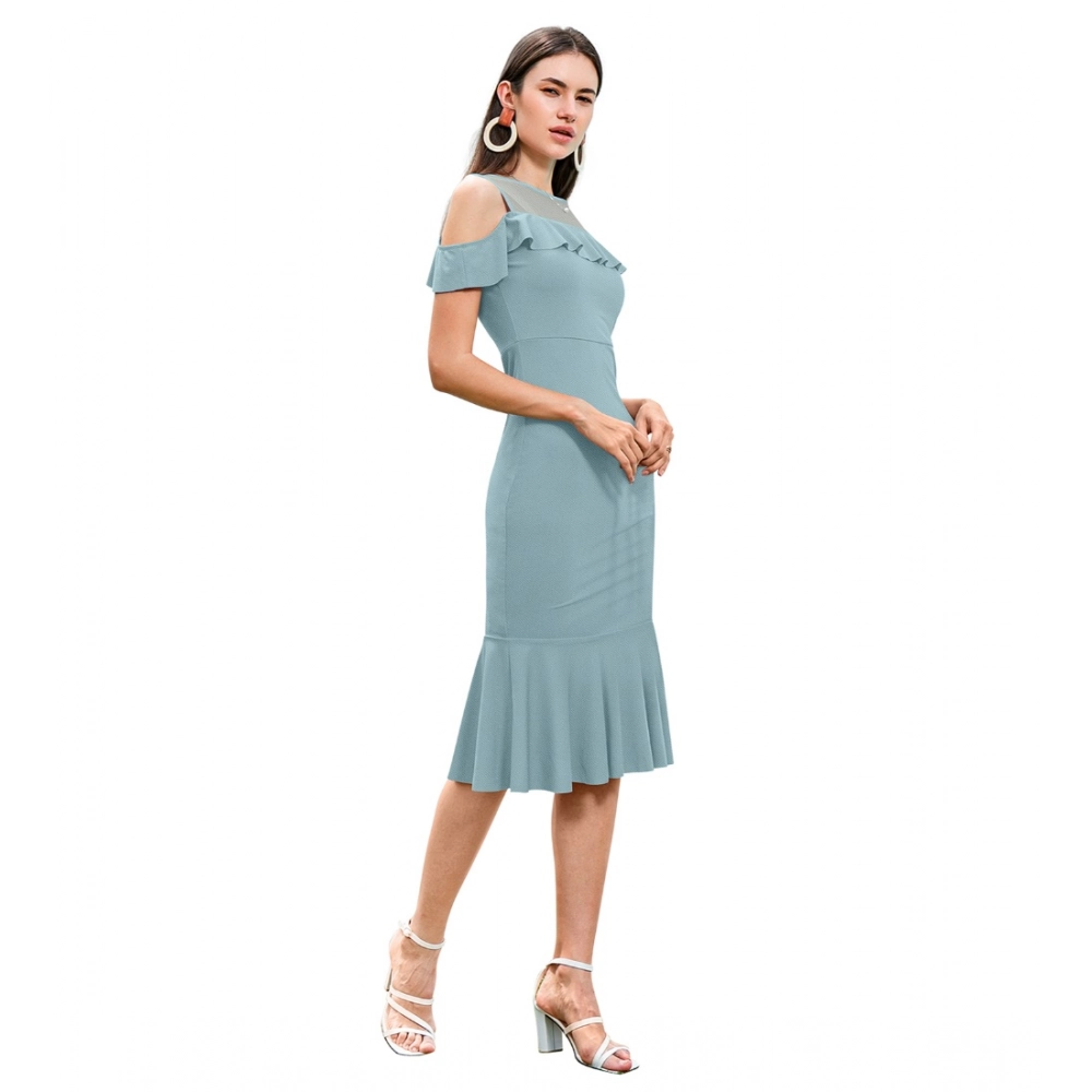 Women's Knitting stretchable Solid Round Neck Sleeveless Dress (Pista ) - Image 3