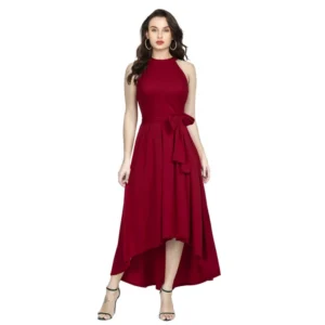 Women's Polyster Solid Halter Neck Sleeveless Dress (Maroon)
