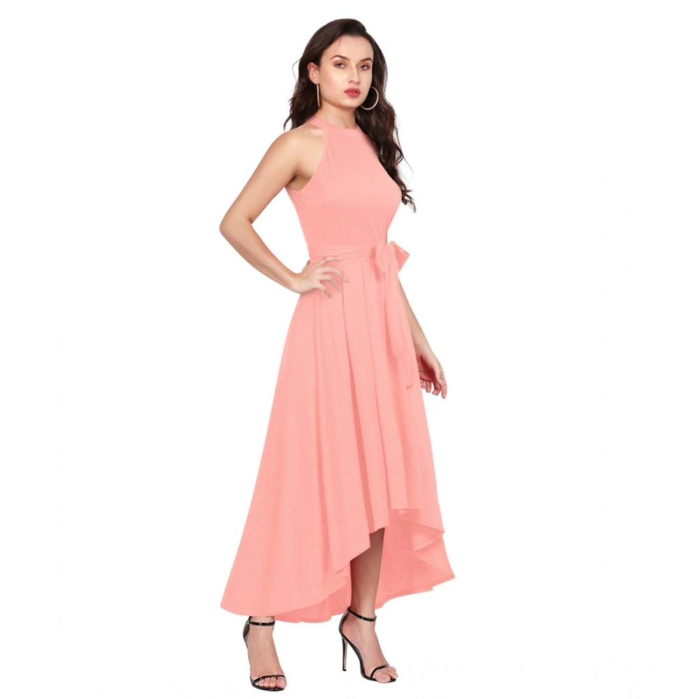 Women's Polyster Solid Halter Neck Sleeveless Dress (Peach) - Image 2