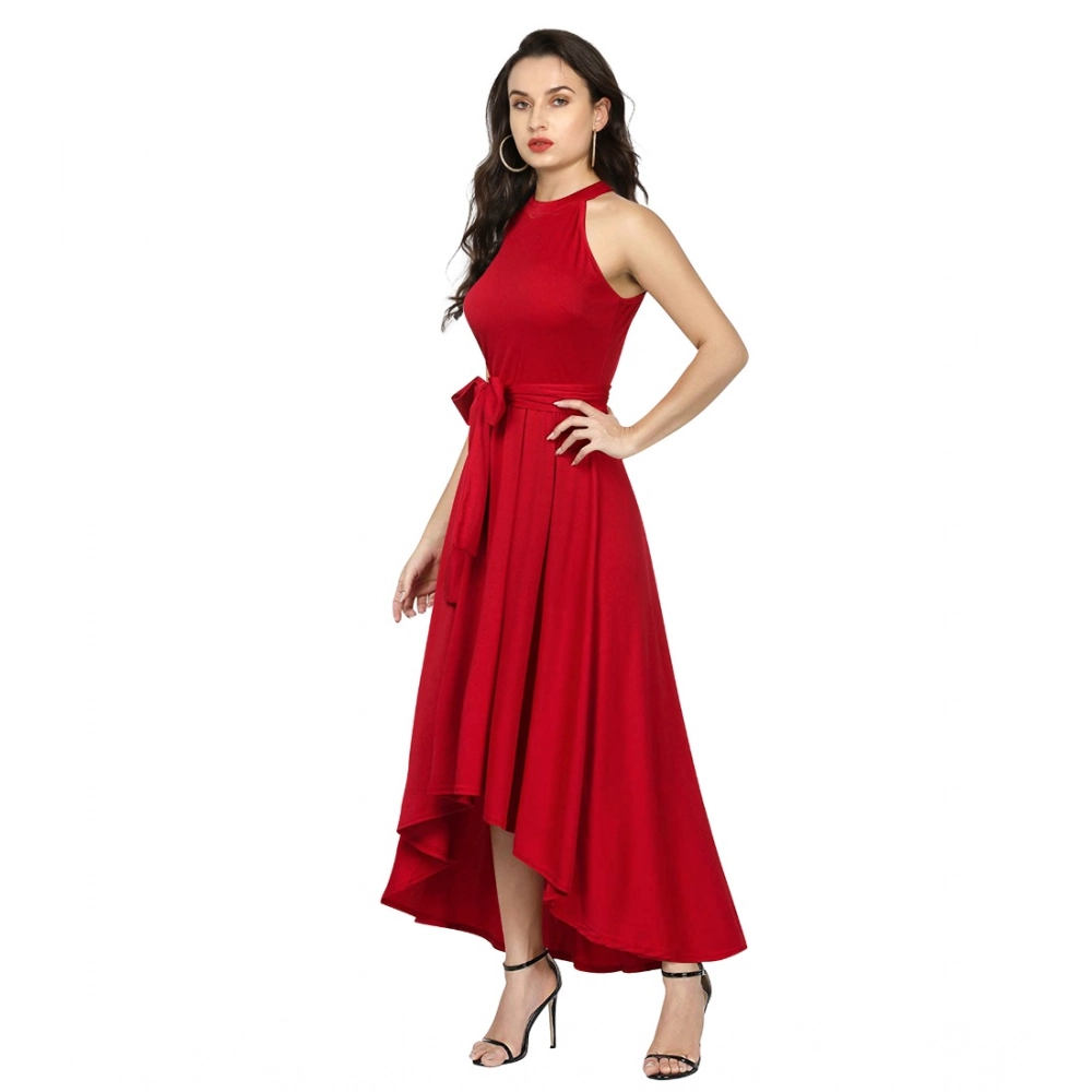 Women's Polyster Solid Halter Neck Sleeveless Dress (Red) - Image 3