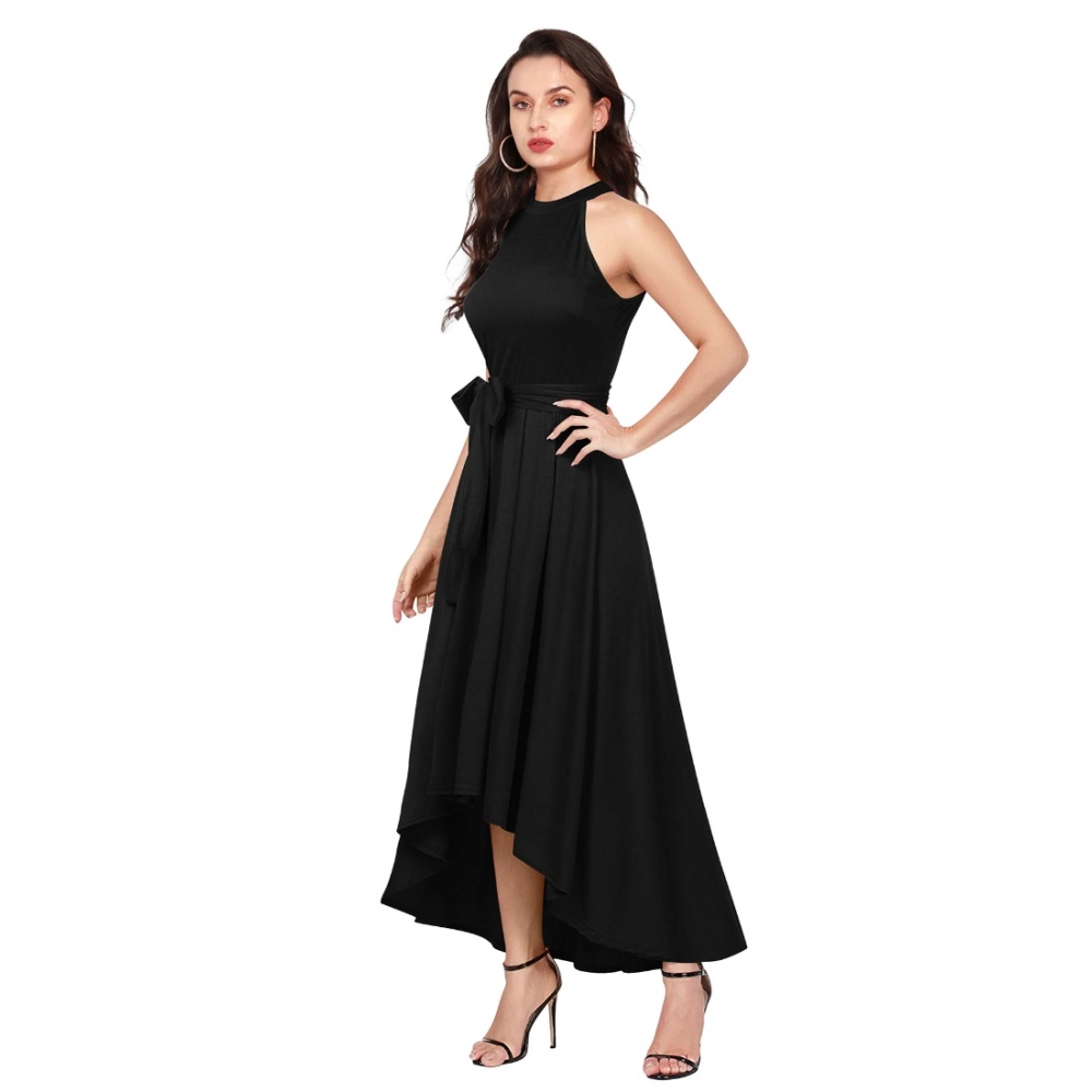 Women's Polyster Solid Halter Neck Sleeveless Dress (Black) - Image 3