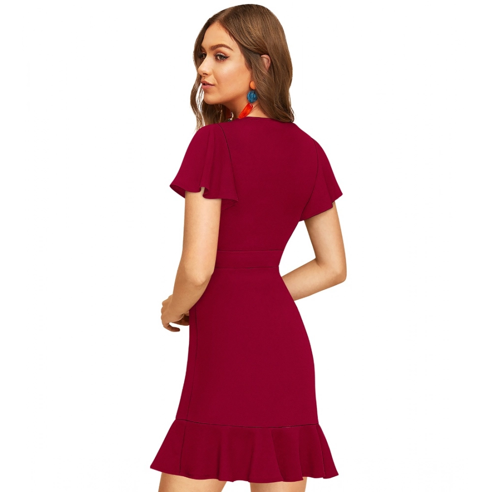 Women's Knitting stretchable Solid V Neck Flaired Sleeve Dress (Maroon ) - Image 2
