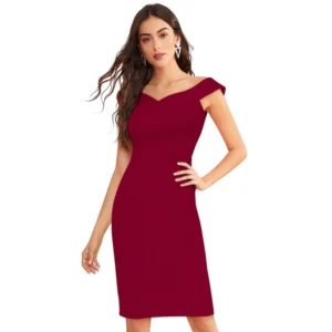 Women's Knitting stretchable Solid Round Neck Sleeveless Dress (Maroon)