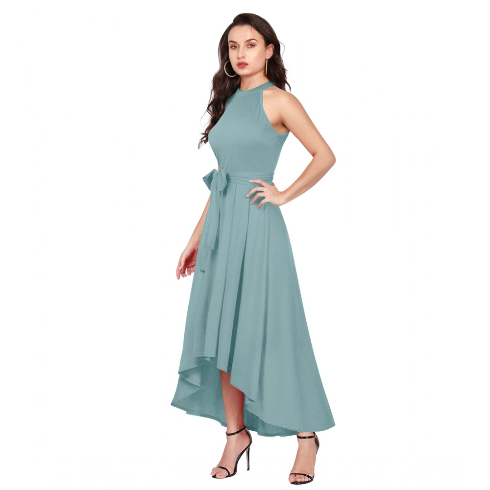 Women's Polyester Solid Halter Neck Sleeveless Dress (Pista) - Image 3