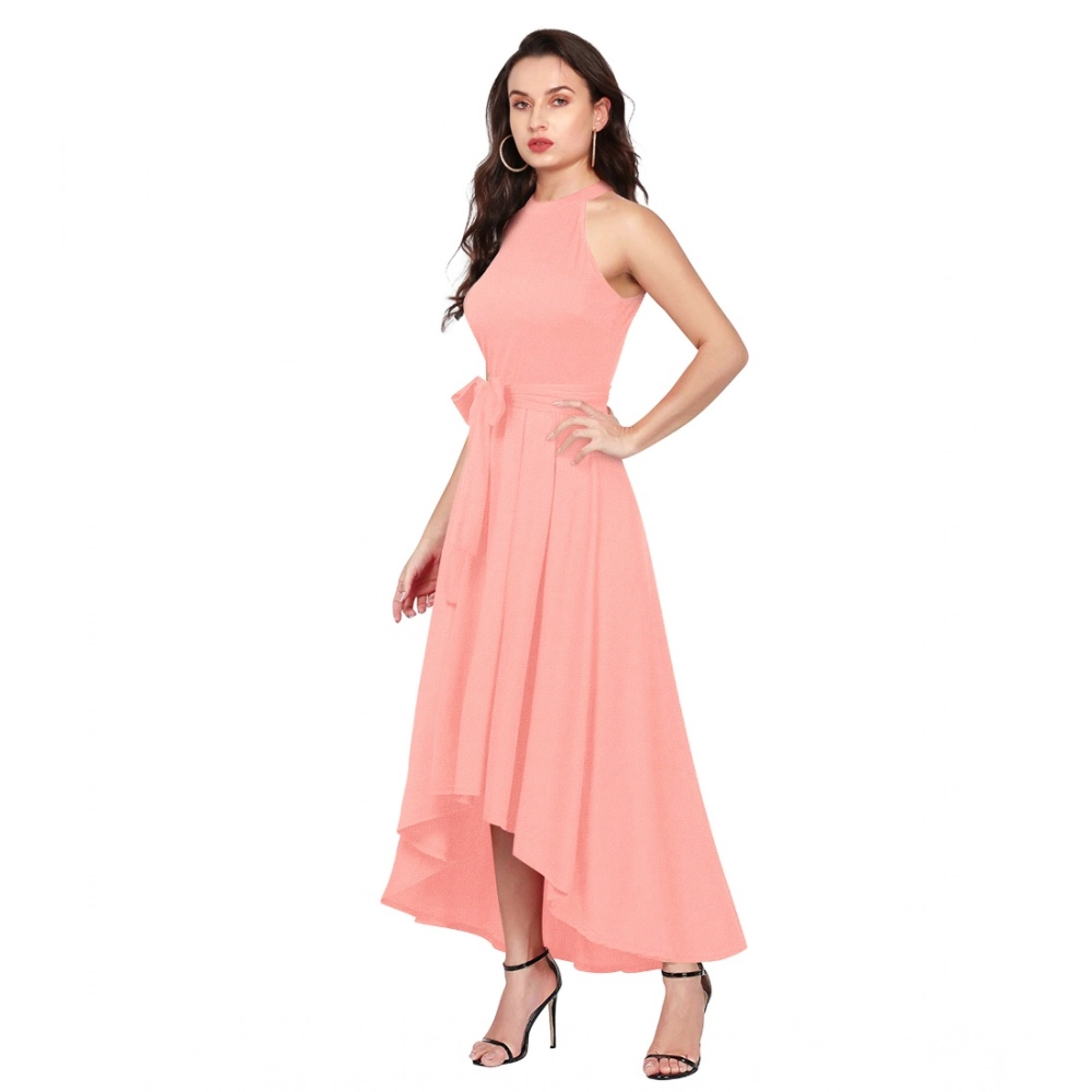 Women's Polyster Solid Halter Neck Sleeveless Dress (Peach) - Image 3