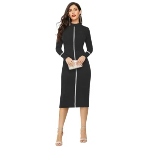 Women's Knitting stretchable Solid Round Neck Full Sleeve Dress (Black)