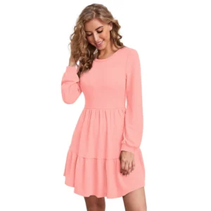 Women's Knitting stretchable Solid Round Neck Full Sleeve Dress (Peach)
