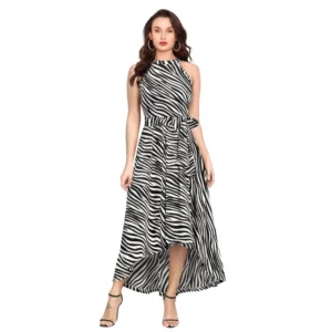 Women's Polyester Zebra Pattern Halter Neck Sleeveless Dress (White)