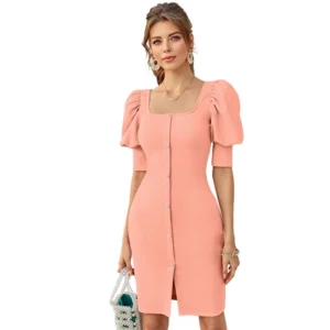 Women's Knitting stretchable Solid Square Neck 3-4 Puff Sleeve Dress (Peach)