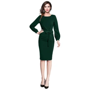 Women's Knitting stretchable Solid Round Neck Full Sleeve Dress (Green)