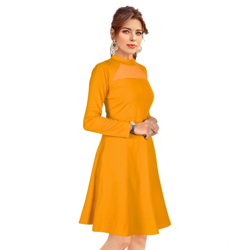 Women's Knitting stretchable Solid Round Neck Full Sleeve Dress (Yellow) - Image 3