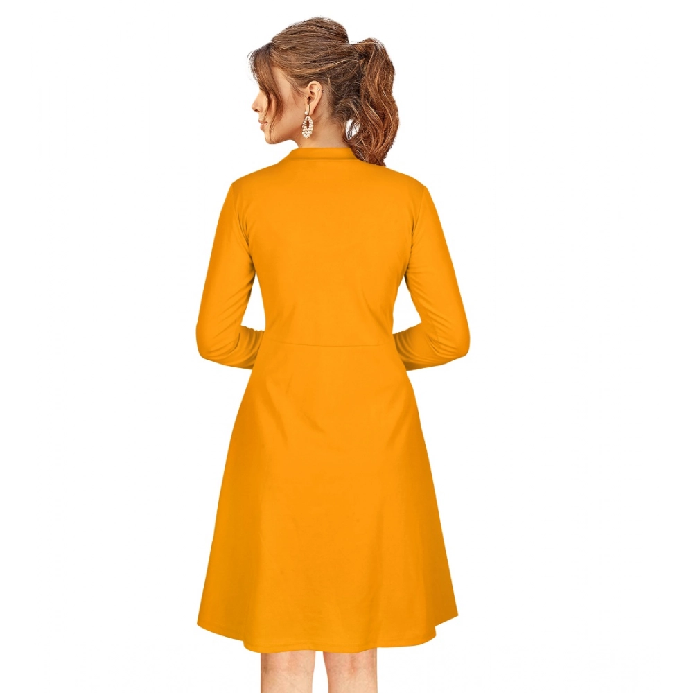 Women's Knitting stretchable Solid Round Neck Full Sleeve Dress (Yellow) - Image 2