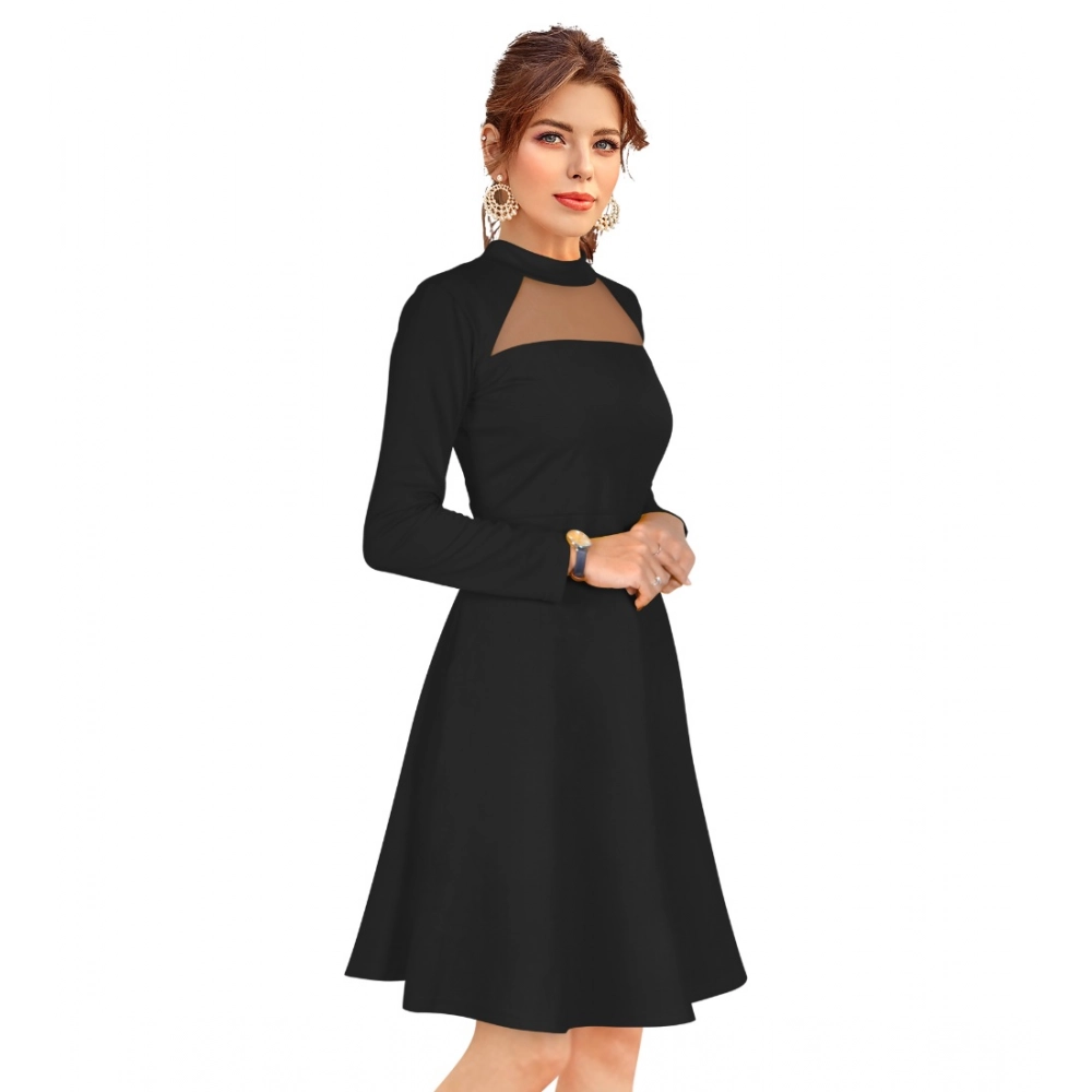 Women's Knitting stretchable Solid Round Neck Full Sleeve Dress (Black) - Image 3