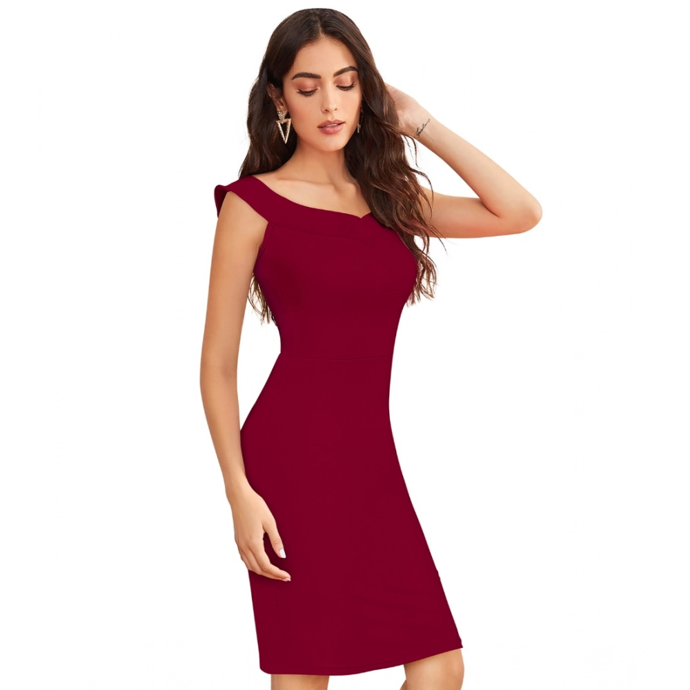 Women's Knitting stretchable Solid Round Neck Sleeveless Dress (Maroon) - Image 3