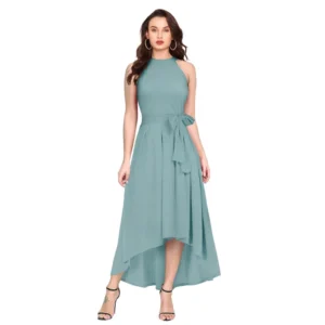 Women's Polyester Solid Halter Neck Sleeveless Dress (Pista)