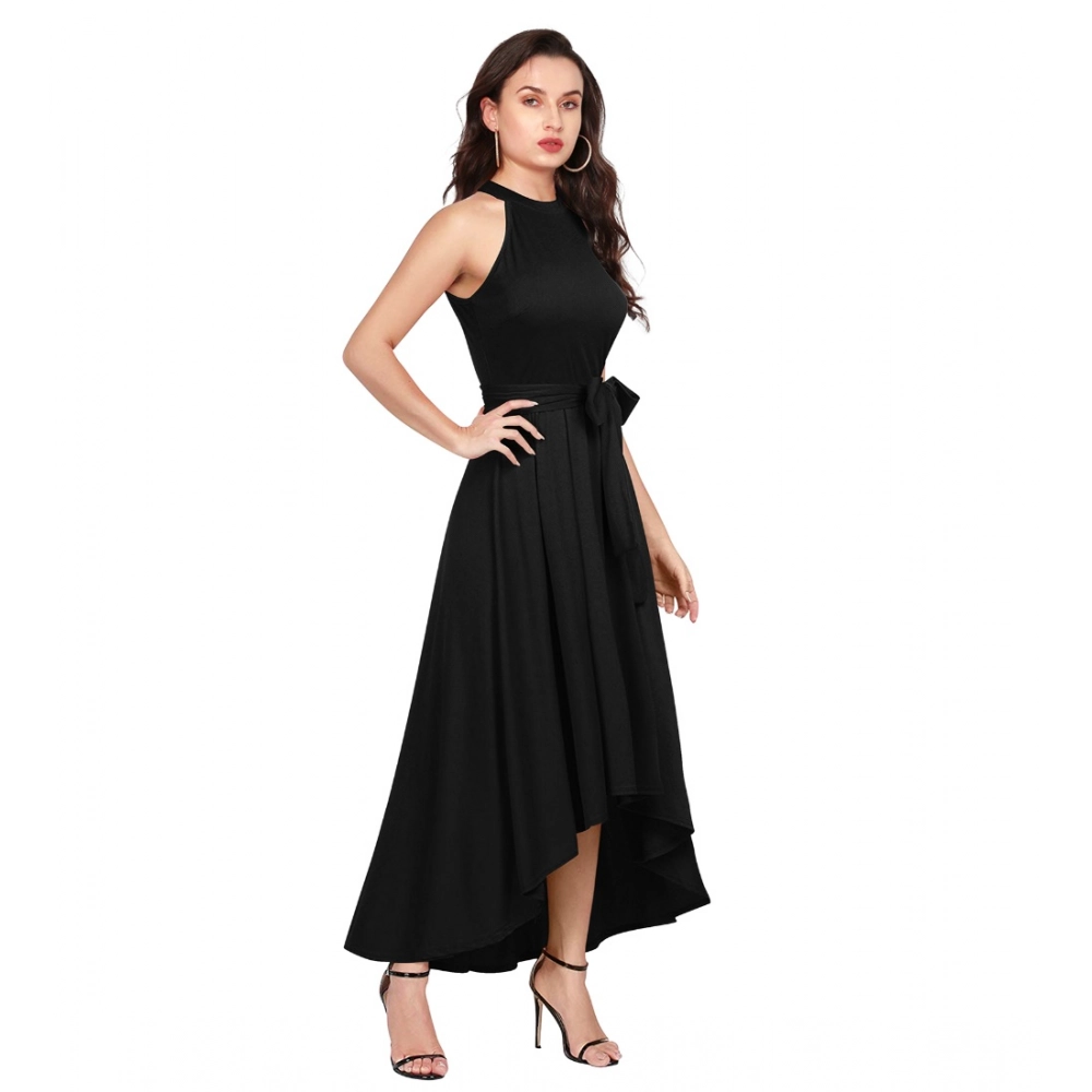 Women's Polyster Solid Halter Neck Sleeveless Dress (Black) - Image 2