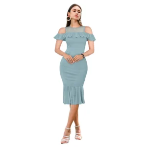 Women's Knitting stretchable Solid Round Neck Sleeveless Dress (Pista )