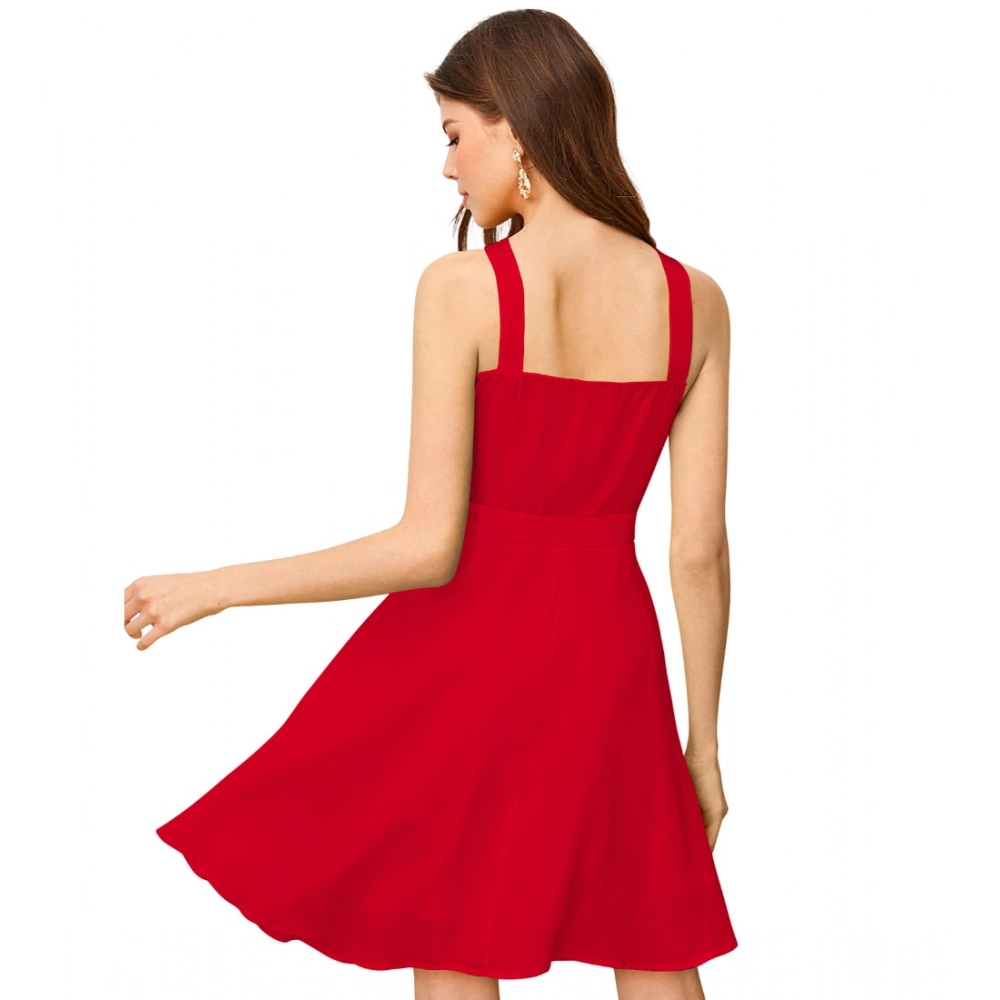 Women's Knitting stretchable Solid Halter Neck Sleeveless Dress (Red ) - Image 2
