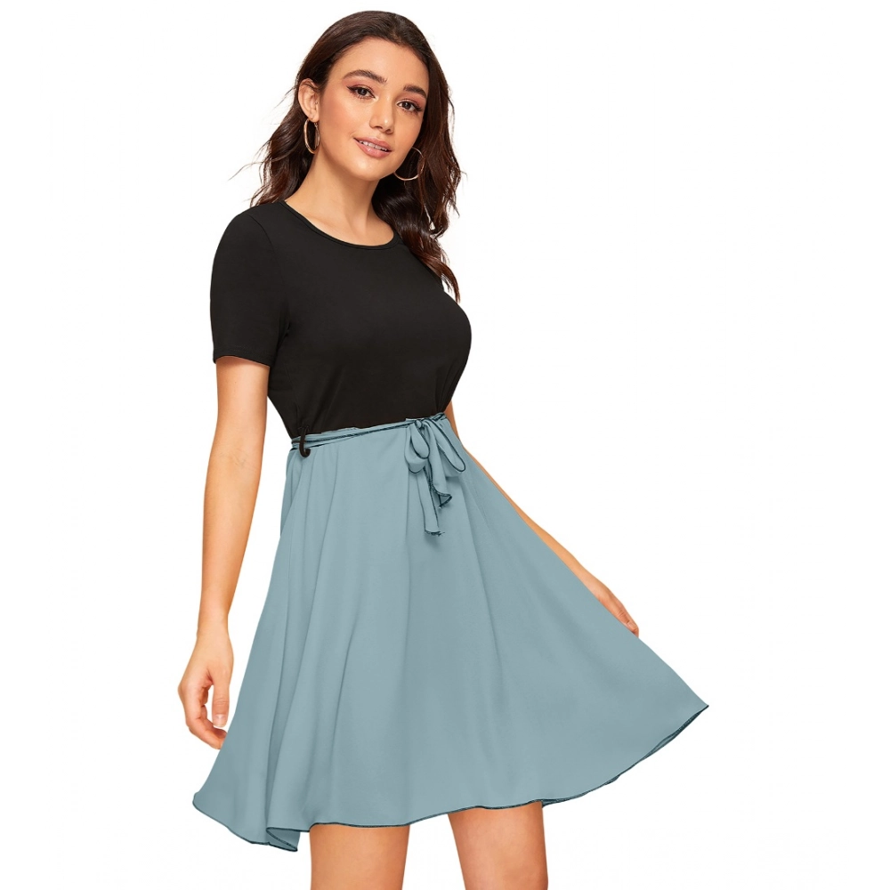 Women's Knitting stretchable Solid Round Neck Cap Sleeve Dress (Pista) - Image 3