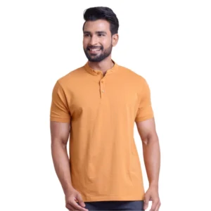 Men's Casual Cotton Solid Half Sleeve Mandarin Collar T-Shirt (Brown)