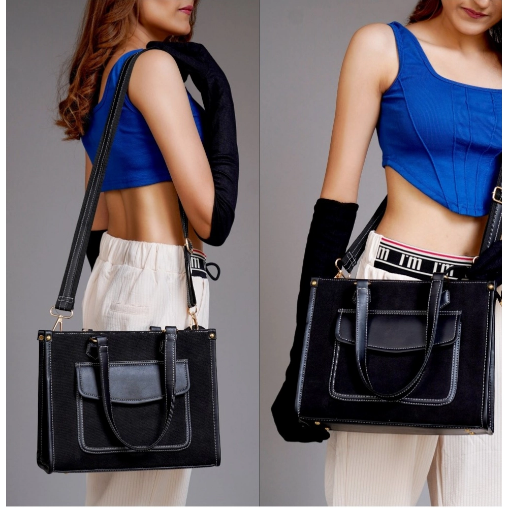 Women's Canvas Medium Top handle Satchel Zipper Handbag (Black) - Image 4