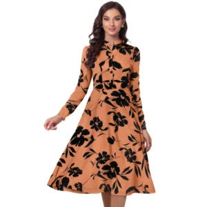 Women's Knitting Printed V-Neck Full Sleeve Dress (Orange)