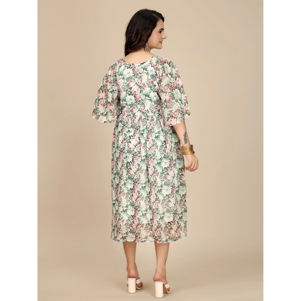 Women's Georgette Printed Round Neck Short Sleeve Dress (Pink) - Image 2