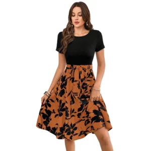 Women's Knitting Printed Round Neck Short Sleeve Dress (Orange)