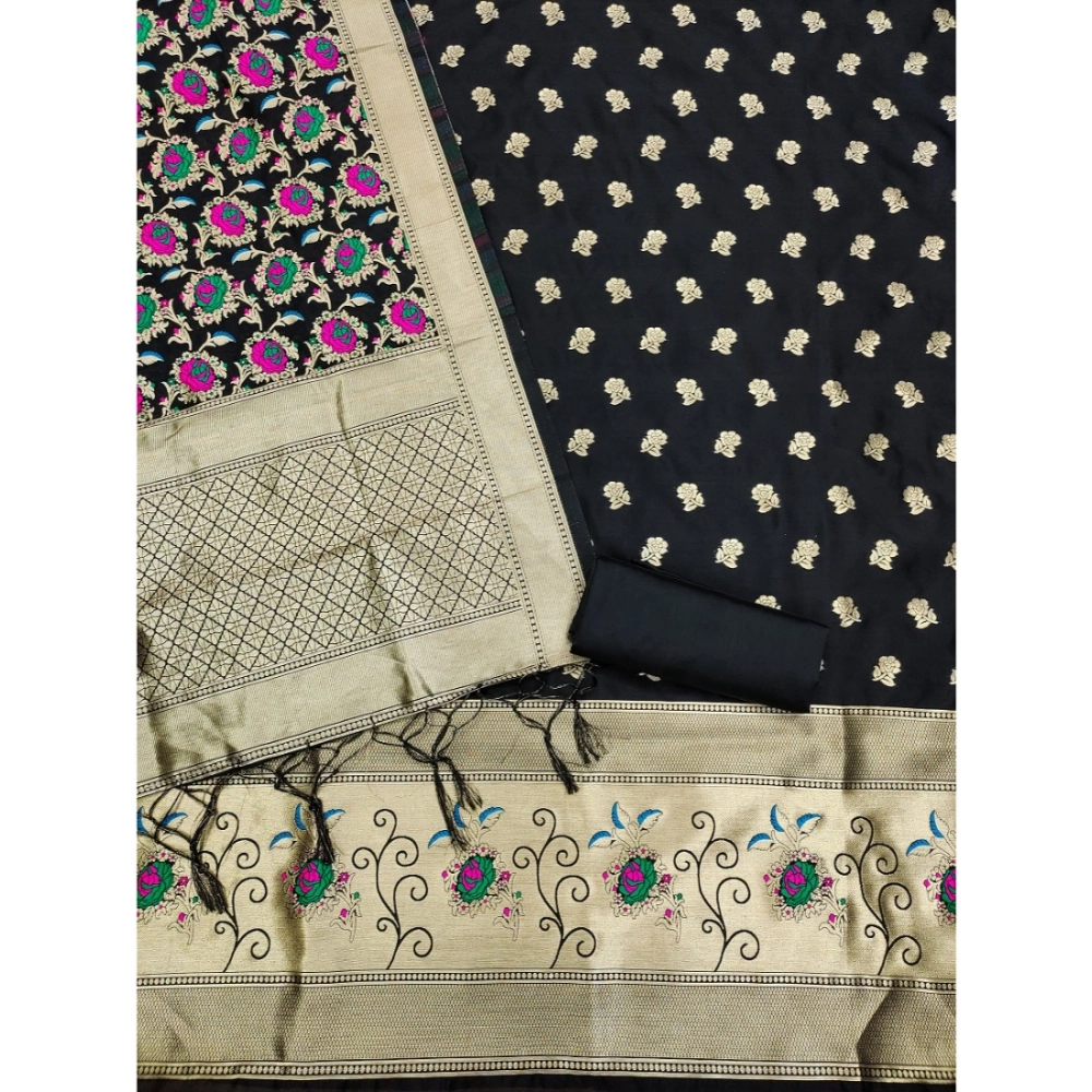 Women's Banarasi Silk Printed Unstitched Salwar Suit Material With Dupatta (Black, 3Mtrs) - Image 4