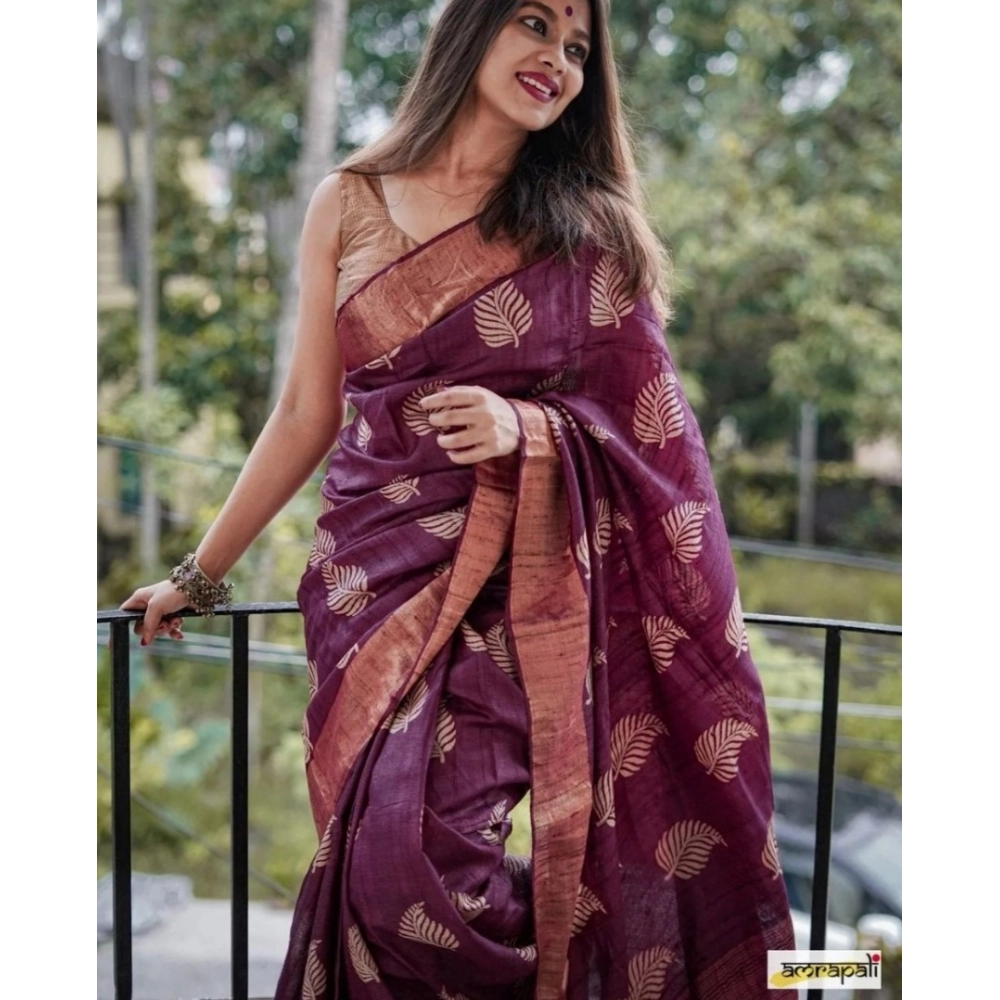 Women's Silk Printed Saree With Unstitched Blouse 5.5Mtr (Purple) - Image 3