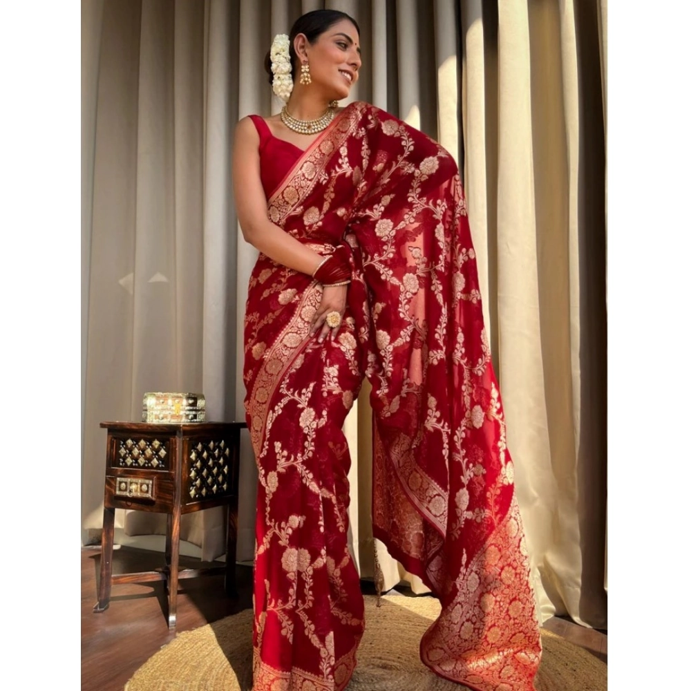 Women's Silk Printed Saree With Unstitched Blouse 5.5Mtr (Red) - Image 2