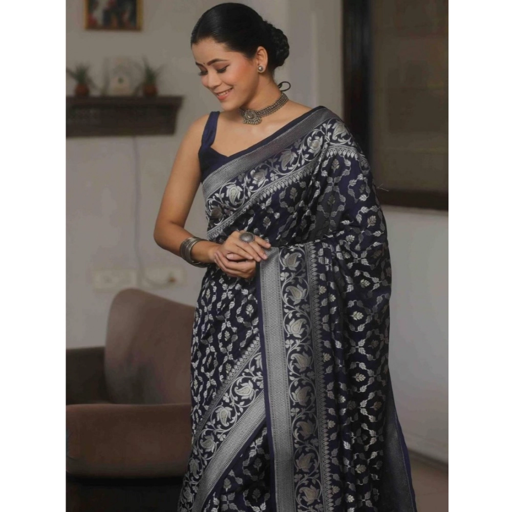 Women's Silk Printed Saree With Unstitched Blouse 5.5Mtr (Navy Blue) - Image 3