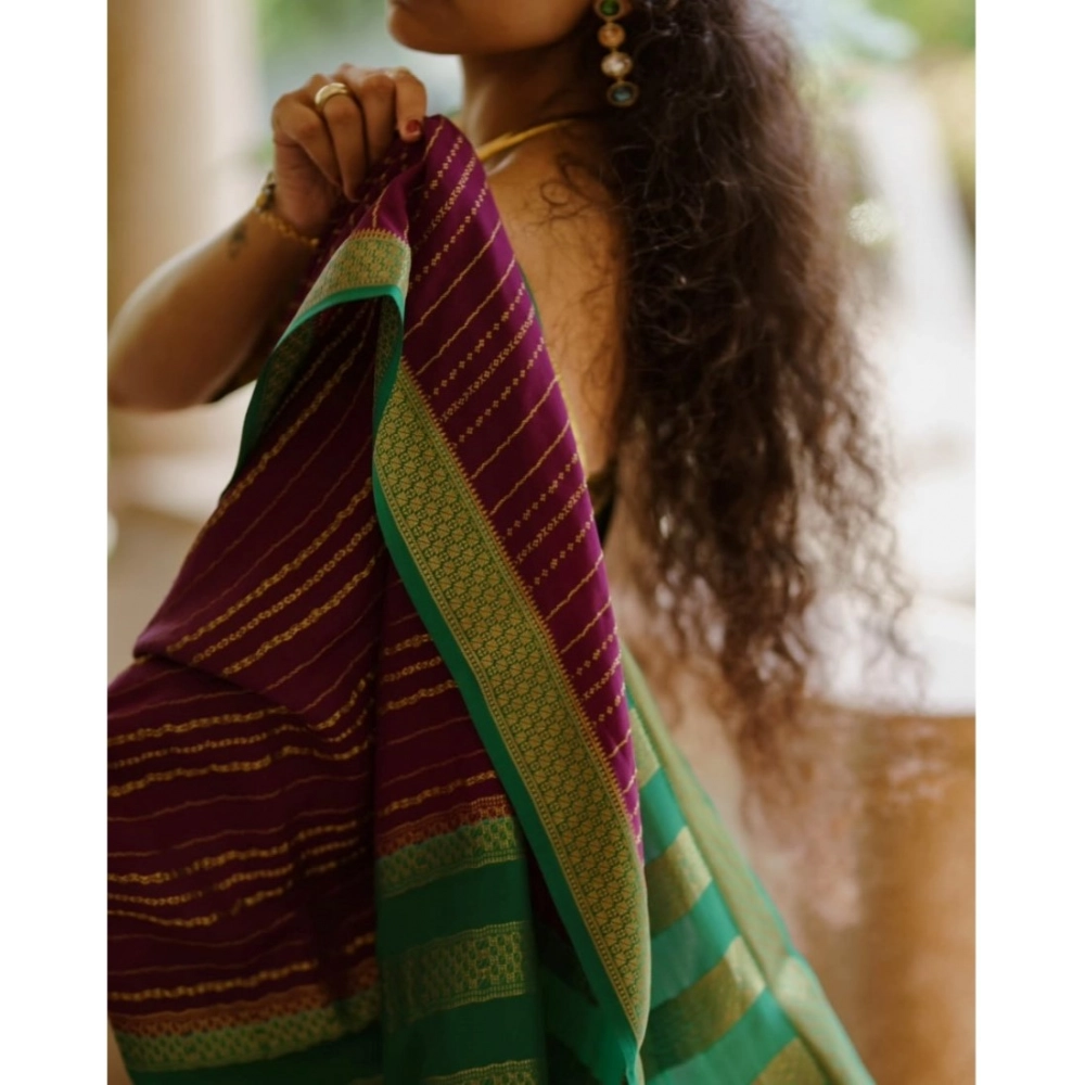 Women's Silk Printed Saree With Unstitched Blouse 5.5Mtr (Wine) - Image 3