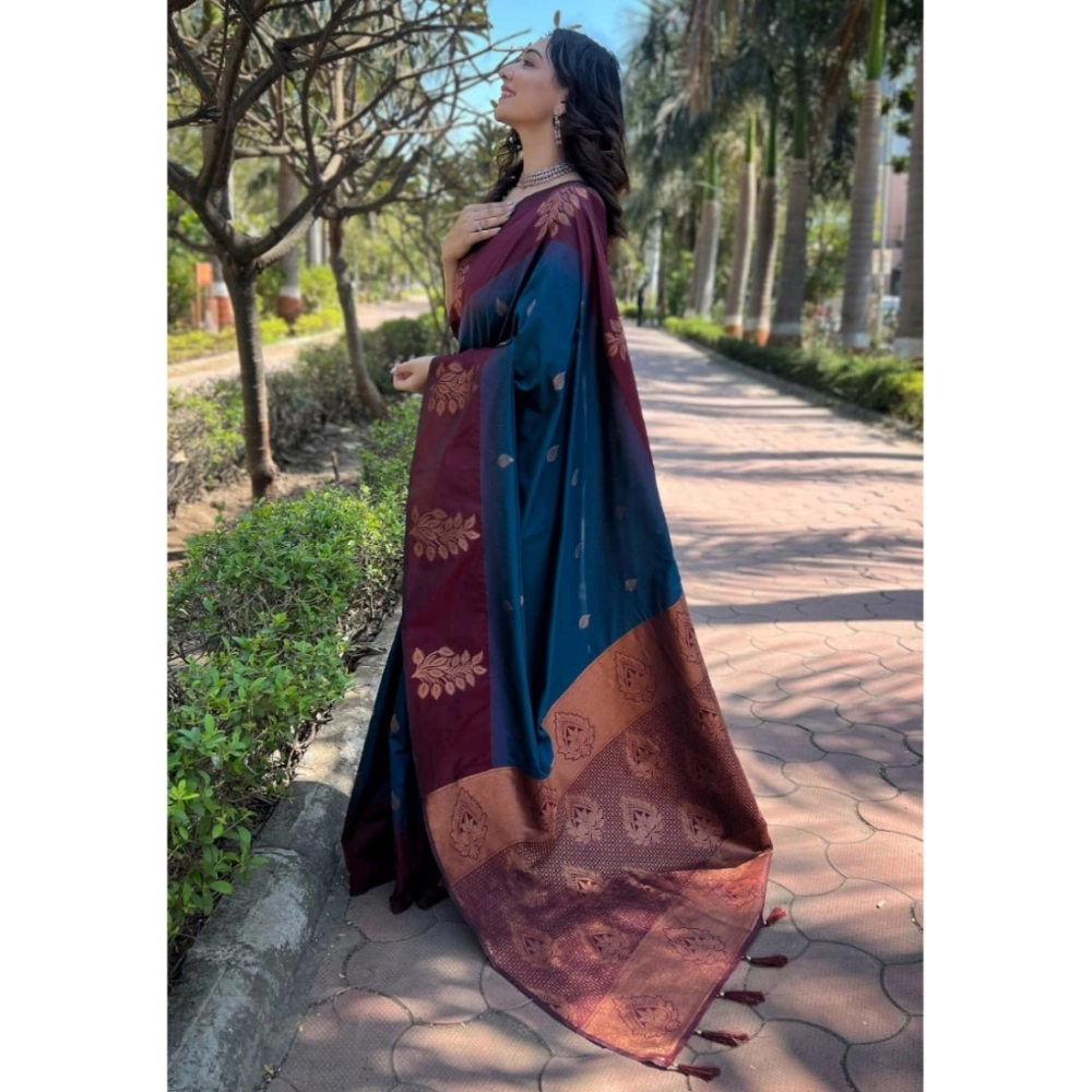 Women's Silk Printed Saree With Unstitched Blouse 5.5Mtr (Blue) - Image 3
