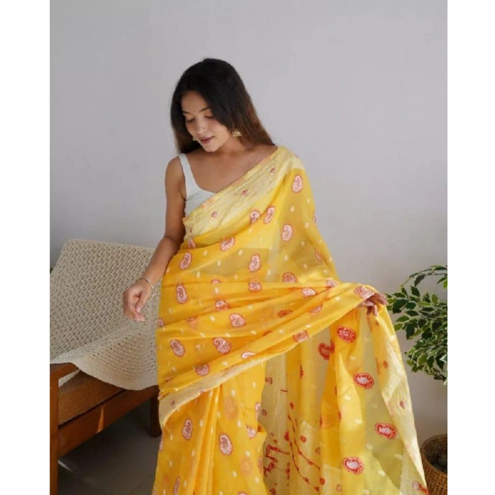 Women's Cotton Printed Saree With Unstitched Blouse 5.5Mtr (Yellow) - Image 2