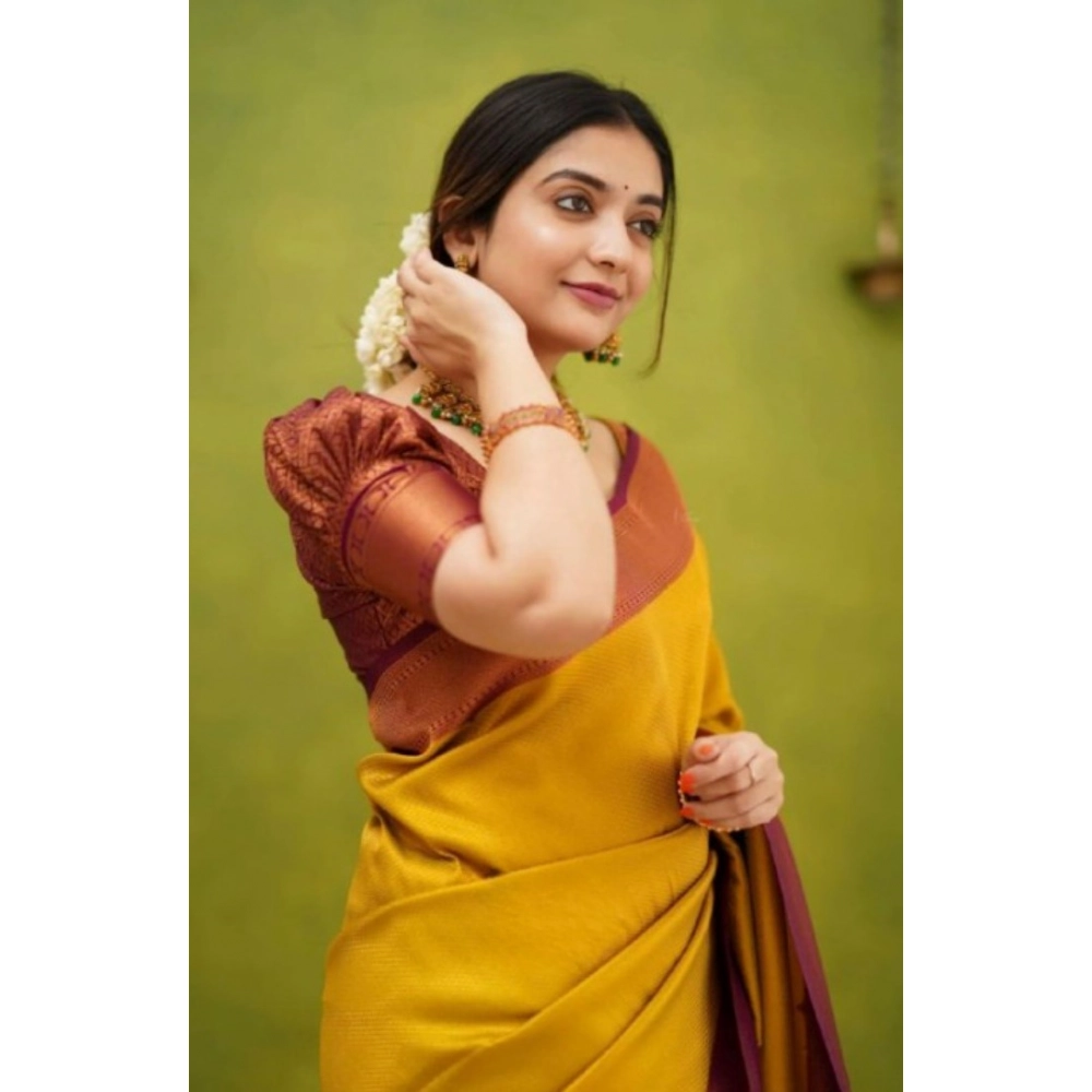 Women's Silk Printed Saree With Unstitched Blouse 5.5Mtr (Yellow) - Image 3