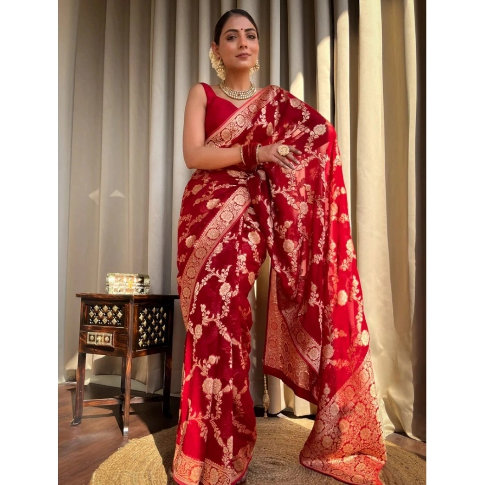 Women's Silk Printed Saree With Unstitched Blouse 5.5Mtr (Red) - Image 3