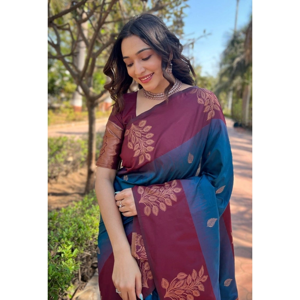 Women's Silk Printed Saree With Unstitched Blouse 5.5Mtr (Blue) - Image 2