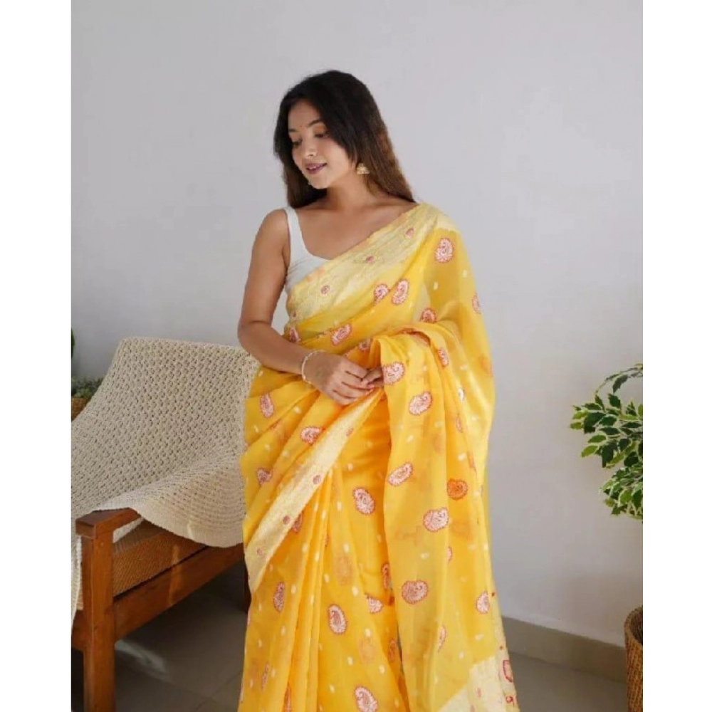 Women's Cotton Printed Saree With Unstitched Blouse 5.5Mtr (Yellow) - Image 3