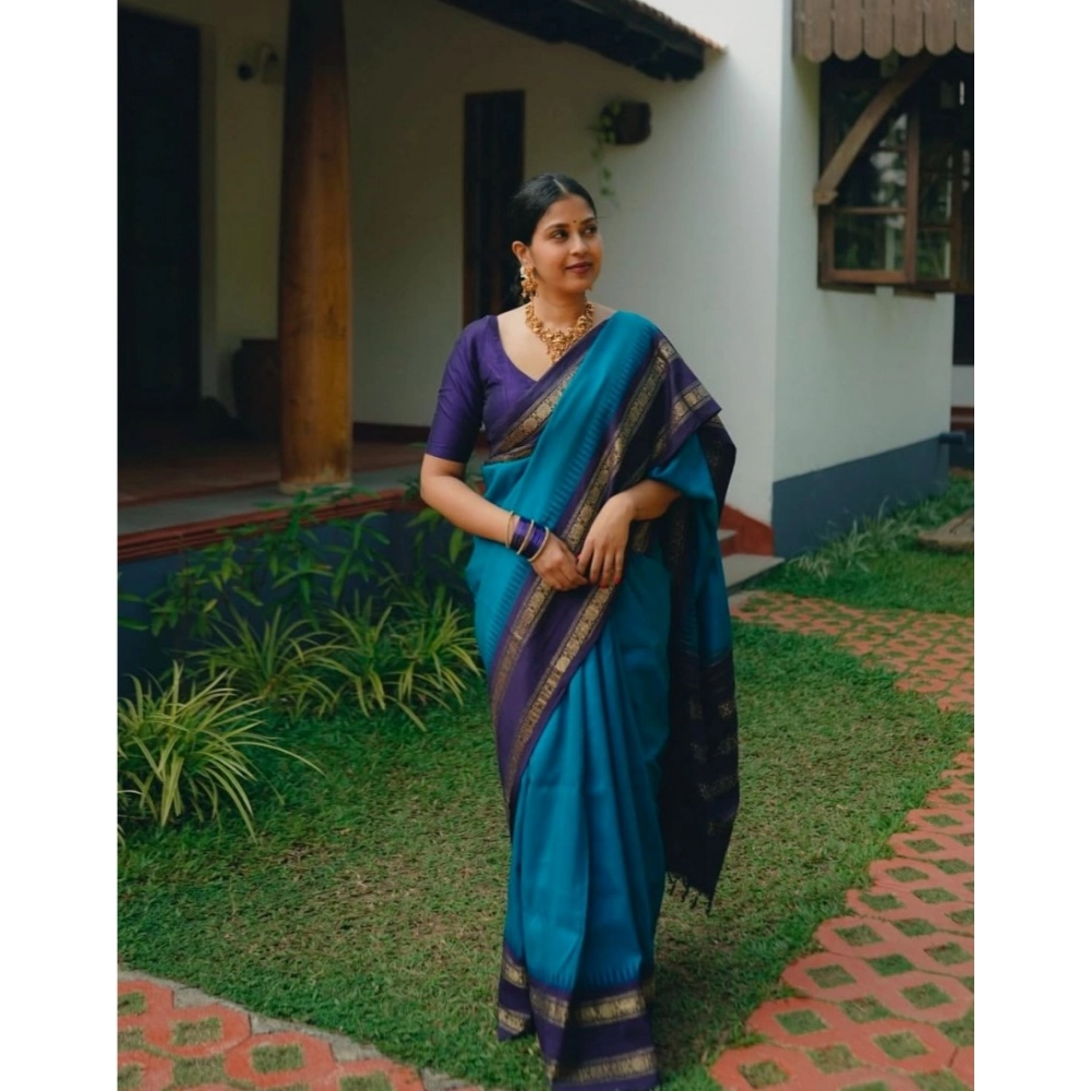 Women's Silk Printed Saree With Unstitched Blouse 5.5Mtr (Blue) - Image 3