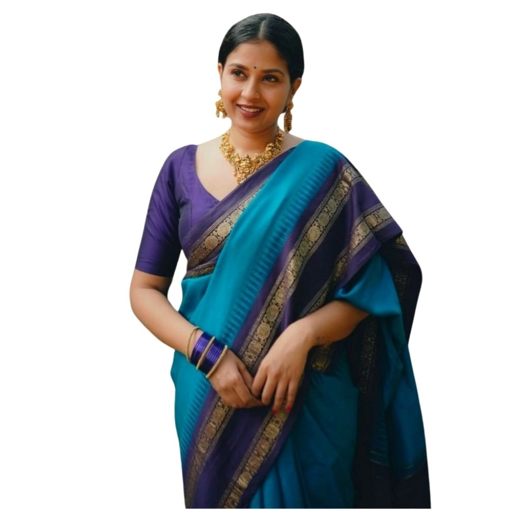 Women's Silk Printed Saree With Unstitched Blouse 5.5Mtr (Blue)