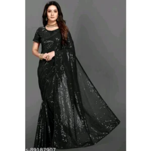 Women's Georgette Embellished Sequnece Bollywood Saree With Unstitched Blouse 5.5Mtr (Black)