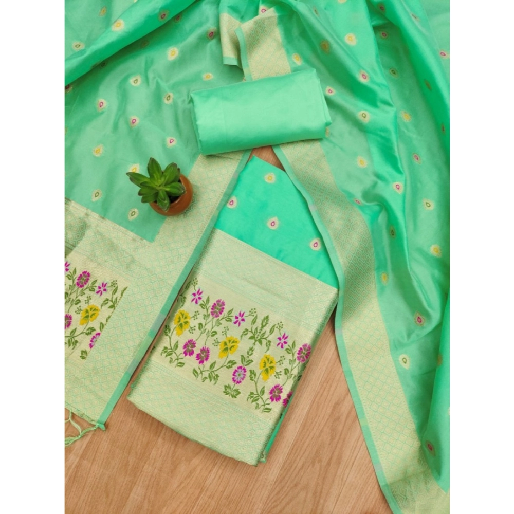 Women's Banarasi Silk Printed Unstitched Salwar Suit Material With Dupatta (Sea Green, 3Mtrs) - Image 2