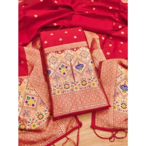 Women's Banarasi Silk Printed Unstitched Salwar Suit Material With Dupatta (Red, 3Mtrs)