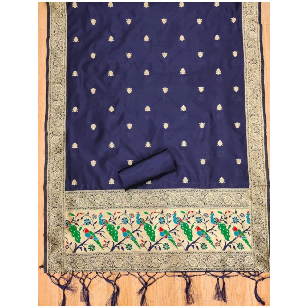 Women's Banarasi Silk Printed Unstitched Salwar Suit Material With Dupatta (Navy Blue, 3Mtrs) - Image 4